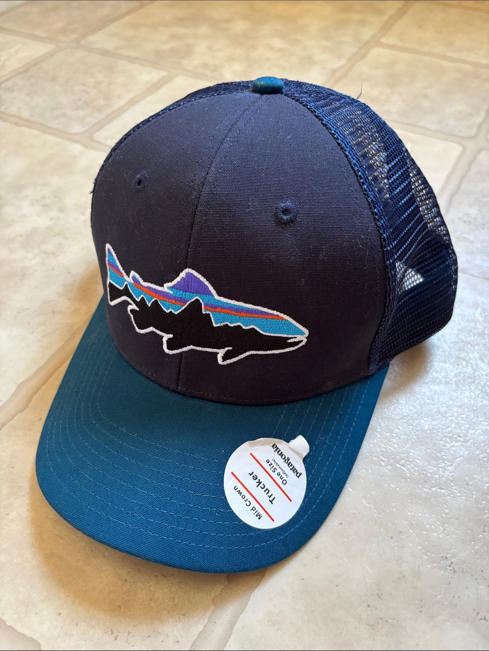 Patagonia Hat Cap Mens Fitz Roy Trout Mesh Trucker Snapback Hiking Navy Teal